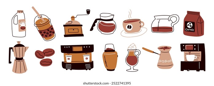 Coffee stickers and coffee machines.Coffee makers, kettles, brewing, arabica coffee, glass,espresso,cappuccino, beans.Graphic doodle minimalist retro icons.Brew shop patches