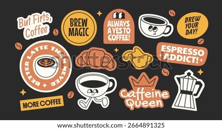 Coffee stickers, patchs, badges collection. Brewing cafe shop elements with quote Y2k vintage style.
