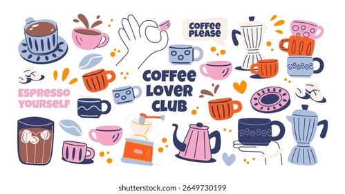 Coffee stickers in retro cartoon style. Cafe elements: mugs, moka pots, grinders, hands with coffee cups, text quotes. Coffee break composition. Illustration in funky, doodle style, trendy 