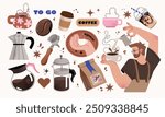 Coffee stickers set, barista character. Kettles, arabica coffee, cup, espresso, cappuccino, beans. Doodle minimalist flat clip art. Perfect for coffee shop adds design.