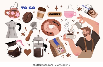 Coffee stickers set, barista character. Kettles, arabica coffee, cup, espresso, cappuccino, beans. Doodle minimalist flat clip art. Perfect for coffee shop adds design.