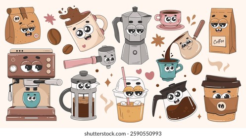 Coffee stickers set with cartoon groovy characters. Coffee shop patches, elements, tags, labels. Retro 70s 80s style.