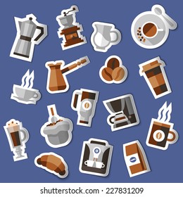 Coffee stickers set with croissant pack cream pot turk isolated vector illustration