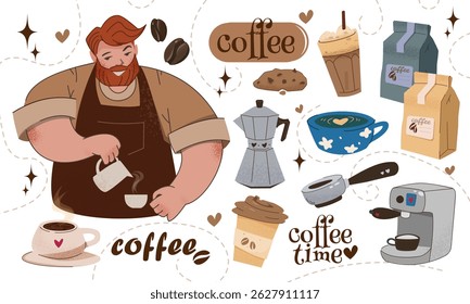 Coffee stickers set. Cute coffee shop patches with barista, cappuccino cup, arabica beans, iced latte and kettle. Design Elements for Print. Flat vector illustration collection isolated on background