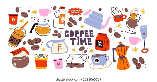 Conjunto de pegatinas de café. Cafeteras, teteras, elaboración de cerveza, café árabe, vidrio, espresso, capuchino, frijoles.Gráfico doodle minimalista retro iconos.Parches de cafetería