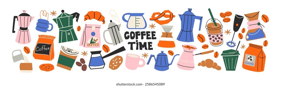 Coffee stickers set. Coffee makers, kettles, brewing, arabica coffee, glass,espresso,cappuccino, beans.Graphic cartoon doodle retro icons.Coffee shop patches	