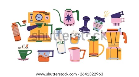 Coffee stickers set. Coffee makers, kettles, brewing, arabica coffee, glass,espresso,cappuccino, beans.Graphic doodle minimalist retro dishes.Coffee shop patches