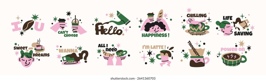 Coffee stickers set. Quotes and cute characters in retro cartoon style. Phrases about coffee:all I need is coffee, life saving. Fun barista set with mugs and faces. Illustration in funky, doodle style