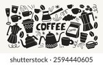 Coffee stickers set. Silhouettes coffee makers, kettles, brewing, arabica coffee, glass,espresso,cappuccino, beans.Graphic doodle minimalist retro icons.Coffee shop patches	