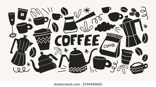 Coffee stickers set. Silhouettes coffee makers, kettles, brewing, arabica coffee, glass,espresso,cappuccino, beans.Graphic doodle minimalist retro icons.Coffee shop patches	