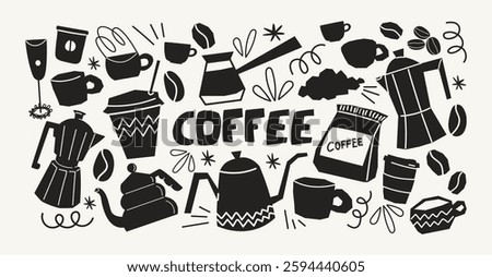 Coffee stickers set. Silhouettes coffee makers, kettles, brewing, arabica coffee, glass,espresso,cappuccino, beans.Graphic doodle minimalist retro icons.Coffee shop patches	