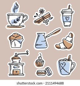 Coffee Stickers set. Vector sketch illustration set with coffee cups, cezve, spices, coffee grinder, croissant and other pastries. Isolated vector objects. Menu design for cafe and restaurant