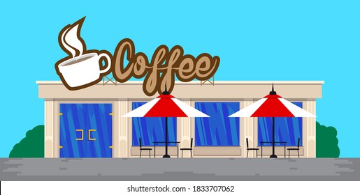 Coffee store front without people in town. Colorful graphic vector illustration in flat style.