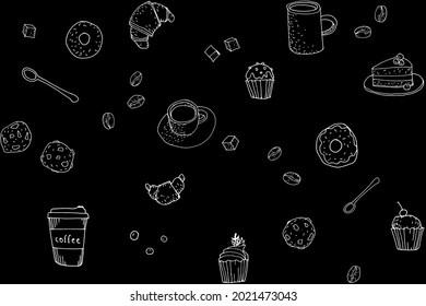 Coffee store hand drawn chalkboard pattern. Sketch line art sweet pastry hot fresh breakfast. Organic coffee bean cafe menu app black white vector illustration