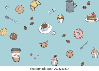 Coffee store hand drawn pattern. Sketch line art sweet pastry hot fresh breakfast. Organic coffee bean cafe menu app cartoon vector illustration