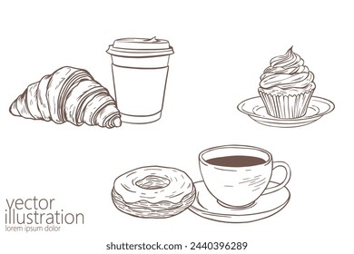  Set de café dibujado a mano. Sketch line art dulce pastelería caliente desayuno fresco. Ilustración vectorial de dibujos animados de la aplicación del menú del café del grano de café orgánico