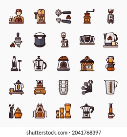 Coffee Store icon symbol set in filled outline color style. Contains like barista, grinder, portafilter, syphon, frother, coffee maker, kettle, dripper and more. Isolated on a white background.