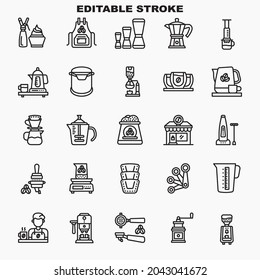 Coffee Store icon symbol set in outline black style. Contains like barista, grinder, portafilter, syphon, frother, coffee maker, kettle, dripper and more. Isolated on a white background.