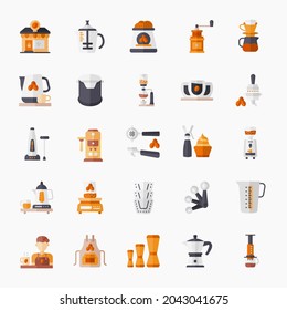 Coffee Store icon symbol set in flat color style. Contains like barista, grinder, portafilter, syphon, frother, coffee maker, kettle, dripper and more. Isolated on a white background.