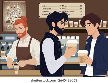 Histórias de café. Barista atendendo clientes. Dois jovens conversando sobre um café. Equipamento para café. História de café ilustração vetor desenhado à mão