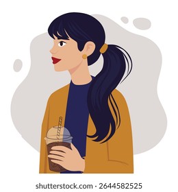 Coffee stories. Dark-haired girl in a mustard-colored cardigan and a blue T-shirt, with long hair tied in a ponytail walks with a glass of hot coffee or tea, vector illustration