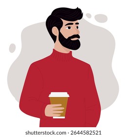 Coffee stories. Man with beard and in red sweater holds mug with hot coffee or tea, vector illustration