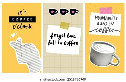 Coffee stories template design, decorated with doodle stickers, funny quotes memo note, collage cup cutout, embossed tape. Cafe modern trendy illustrated collage set.