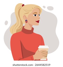Coffee stories. Young girl in a coral sweater, with long blonde hair tied in a ponytail standing with a glass of hot coffee or tea, vector illustration