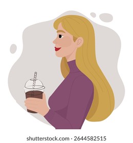 Coffee stories. Young girl in purple turtleneck, with long light loose hair goes with glass of coffee or tea, to meeting, vector illustration