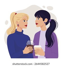 Coffee stories. Young girls meeting over a mug with hot coffee or tea, for conversation, vector illustration