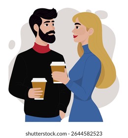 Coffee Stories. Young loving smiling couple man and woman standing holding mugs with hot coffee or tea enjoying time together, vector illustration