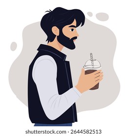 Coffee Stories. Young man with beard and in black vest walking with cold coffee, vector illustration