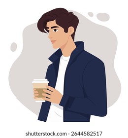 Coffee Stories. Young man in blue windbreaker with raised collar standing with glass of coffee, vector illustration
