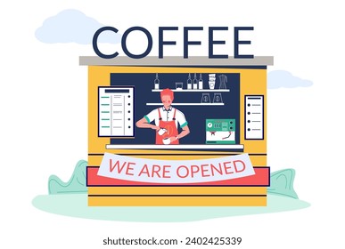 Coffee street market opening. Male vendor cartoon character in uniform making hot aroma drink in cup. Coffeehouse showcase on sidewalk