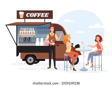 Coffee Street Market Truck Vector Illustration. Cartoon Van Car Stall On Sidewalk, Woman Friend Characters Sitting At Table Of Outdoor Marketplace Cafe, Waiting For Waiter With Cup Of Hot Coffee Drink