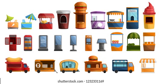 Coffee street stall kiosk icon set. Cartoon set of coffee street stall kiosk vector icons for web design