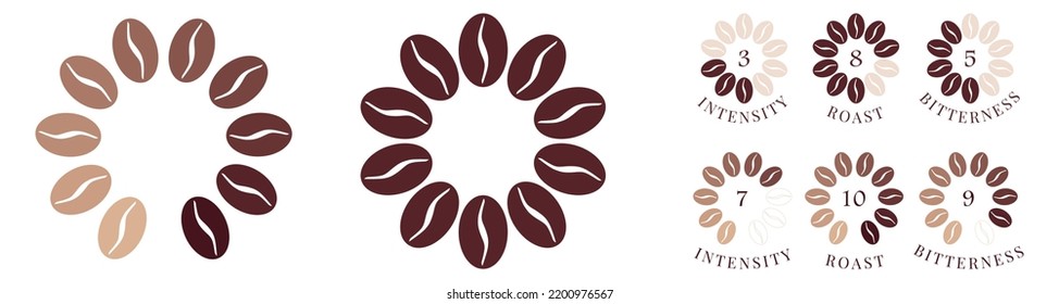 Coffee strength circular or round scale, different colour beans to show intensity or roast