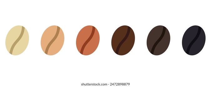 Coffee strength scale, different colour beans to show intensity or roast, vector illustration isolated on white background. Coffee beans showing various stage of roasting.