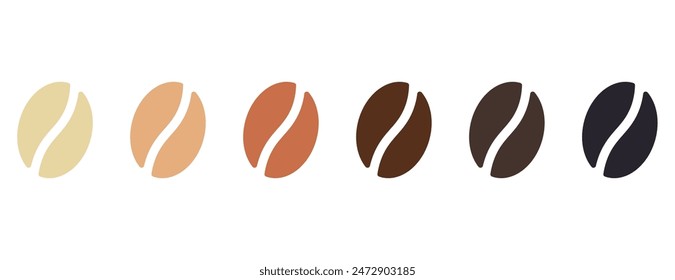 Coffee strength scale, different colour beans to show intensity or roast, vector illustration isolated on white background. Coffee beans showing various stage of roasting.