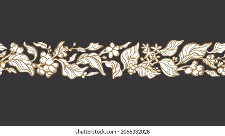 Coffee strip, contour tree. Vector seamless pattern. Sketch twig, graphic leaves, grains. Nature ornament on black background