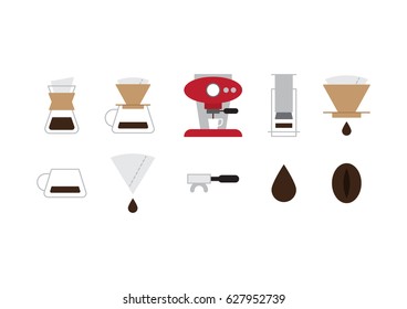 Coffee style preparation like a filtred coffee, espresso etc. icon set