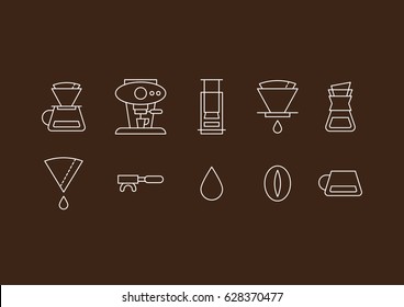 Coffee style preparation like a filtred coffee, espresso etc. icon set