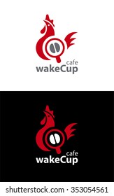 Coffee style symbol based on abstract interconnected shapes of rooster (as wake up symbol) and coffee cup with coffee bean inside.