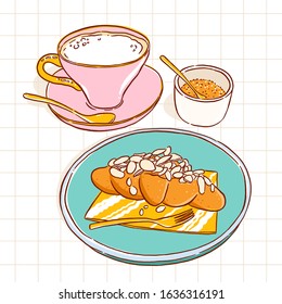 Coffee with sugar and croissant, morning breakfast, vector illustration