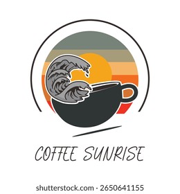 Coffee Sunrise - Retro Coffee Cup with Wave and Sunset Logo