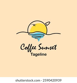 Coffee with sunrise and sea. Coffee morning, coffee cafe logo illustration design