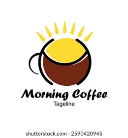 Coffee with sunrise and sea. Coffee morning, coffee cafe logo illustration design