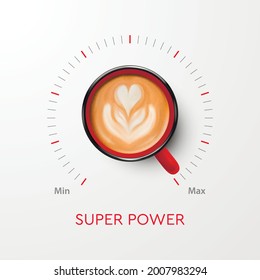 Coffee Super Power. Vector 3d Realistic Red Mug with Black Coffee and Volume Scale. Concept Banner with Coffee Cup. Design Template. Top View