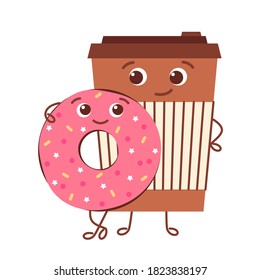 Coffee and sweet donut. Delicious snack. Glass of drink with bun. Vector cartoon illustration
