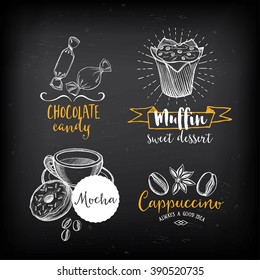 Coffee and sweet menu restaurant badges, dessert menu. Food design icons with hand-drawing elements. Graphic labels for restaurant template.